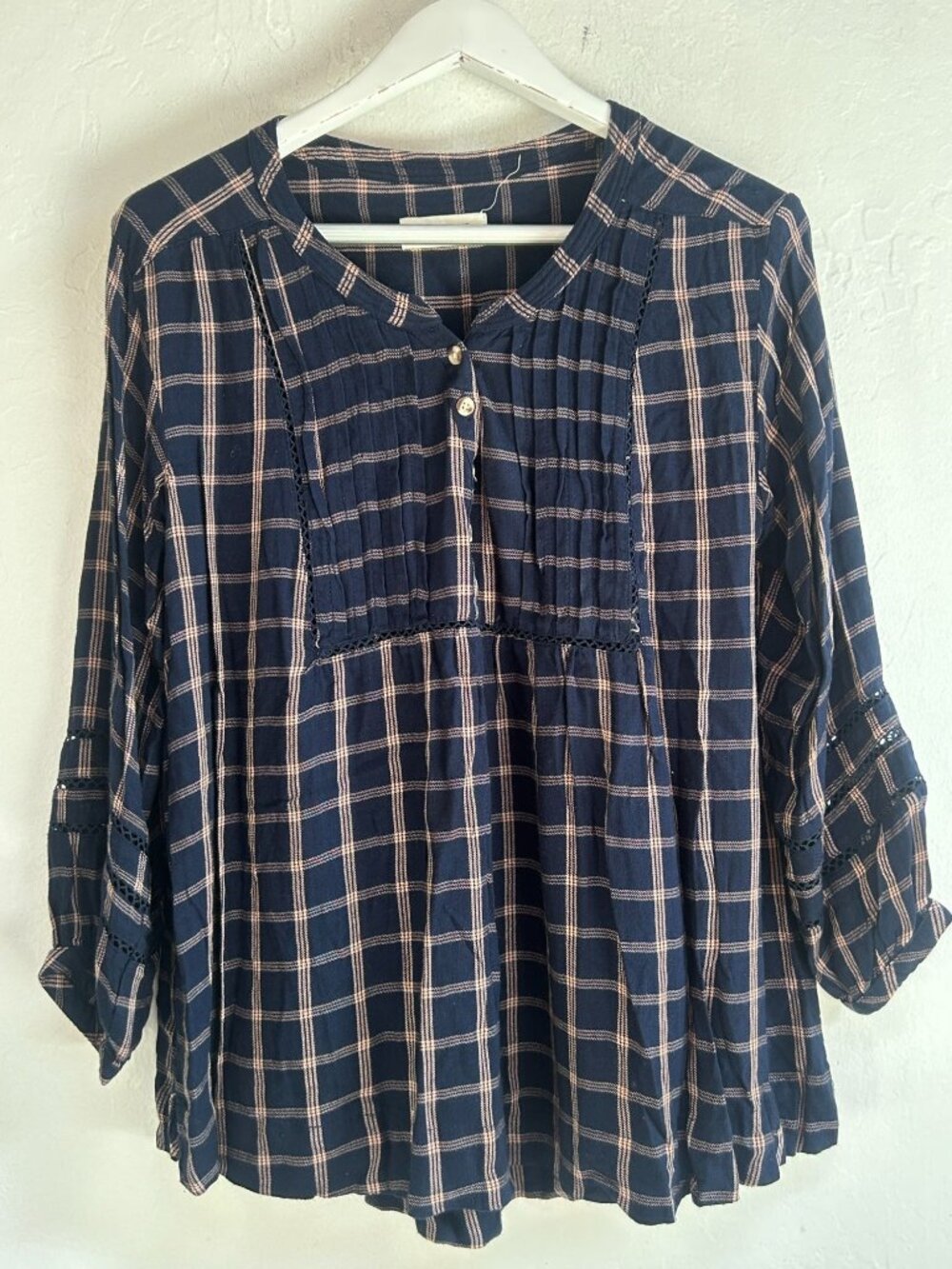 Lucky Brand Womens Plaid Popover Half-Button Down Shirt Large Long Sleeve Navy